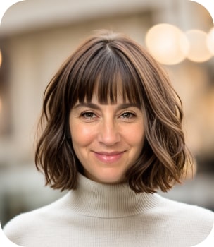 Mid-Length Wavy Bob with Wispy Bangs